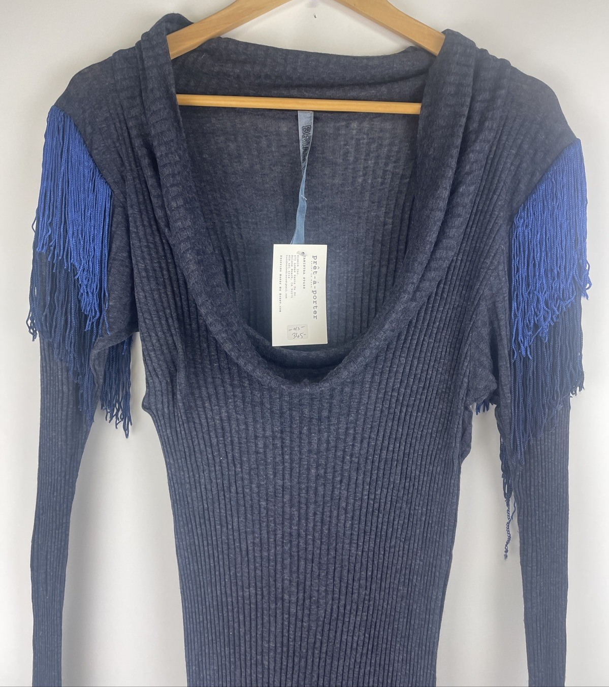 Brian Lichtenberg Y2K Designer Ribbed Knit Maxi Dress w Fringe Shoulder Accents