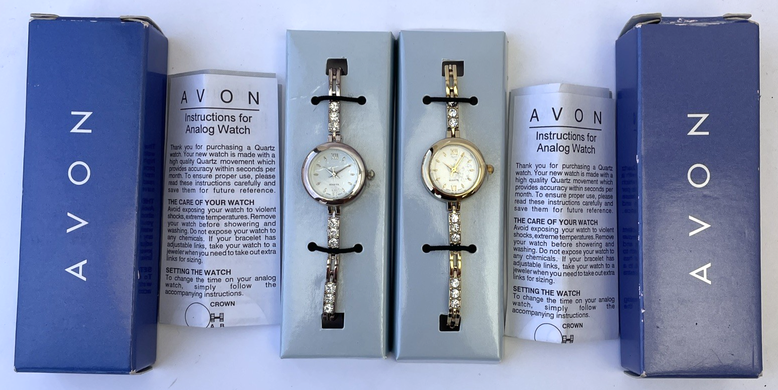 2 x VTG Avon Sparkle Tennis Bracelet Wristwatch Rhinestone Goldtone / Silvertone