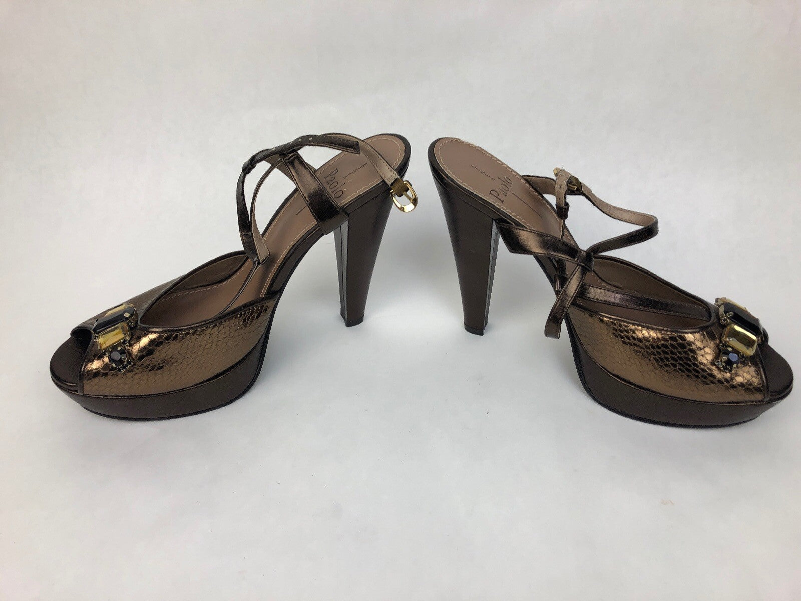 Rare LINEA PAOLO Open Toe Faux Snakeskin Patent High Heel Pumps Women's 10m