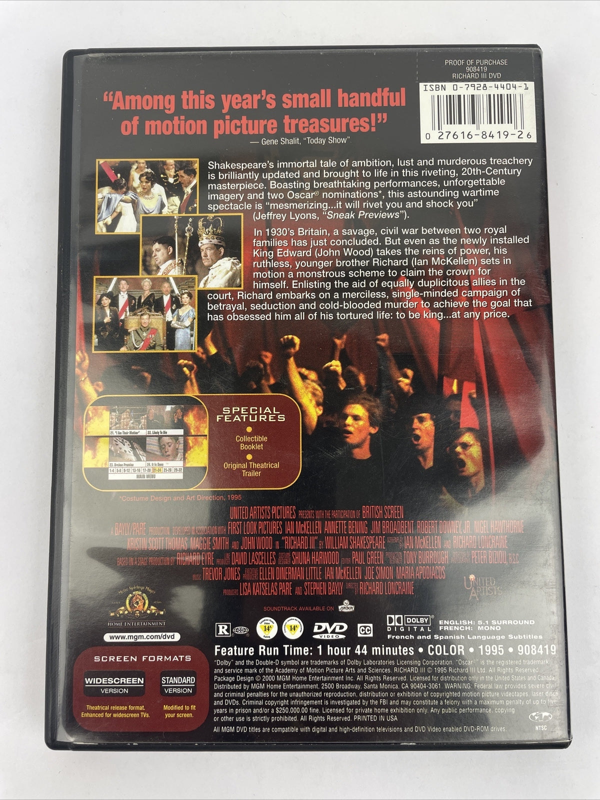 RICHARD III 3rd DVD Video IAN McKELLEN ANNETTE BENING ROBERT DOWNEY JR. MGM