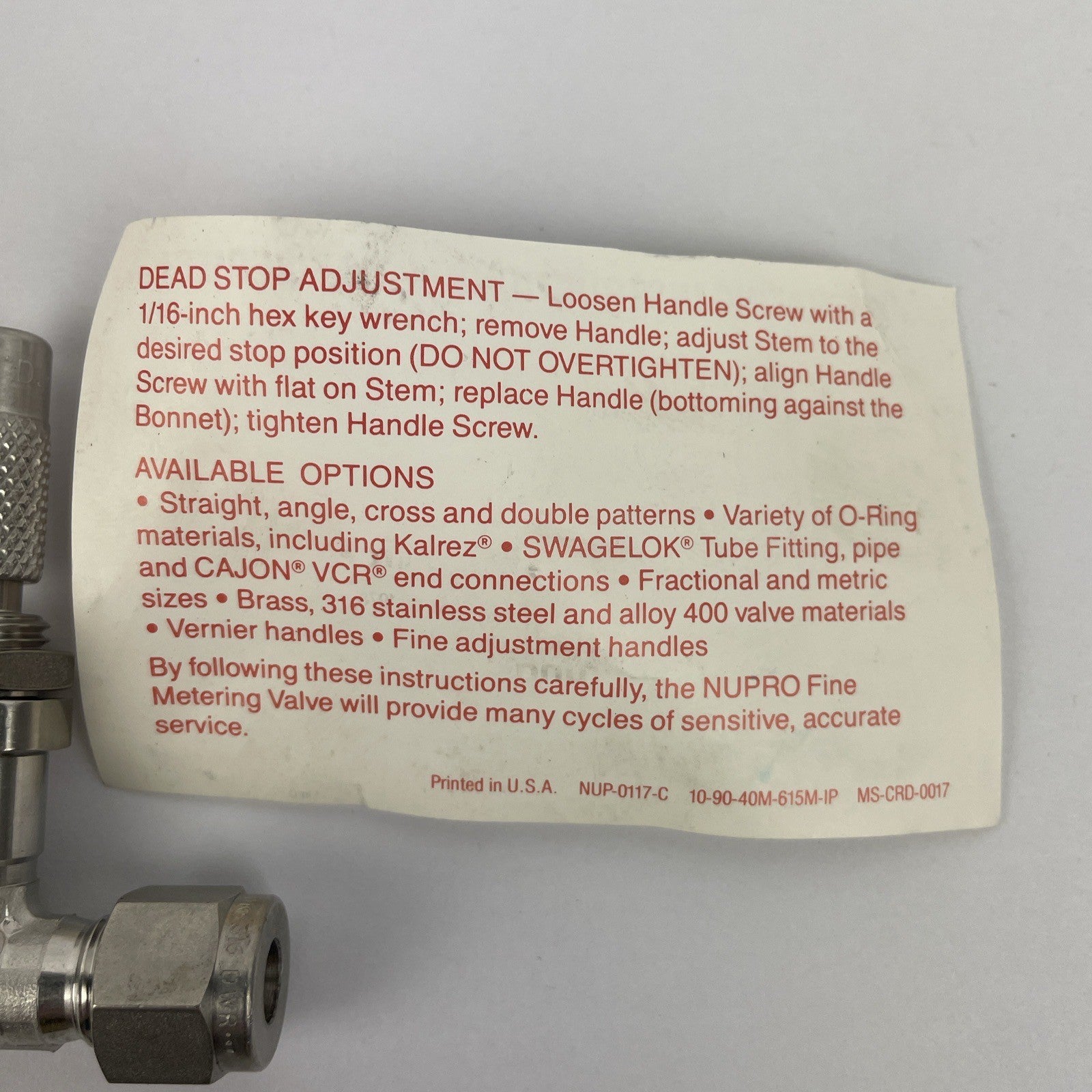 OEM Swagelok USA Nupro 1/4” Stainless Steel Metering Valve – Precision Control