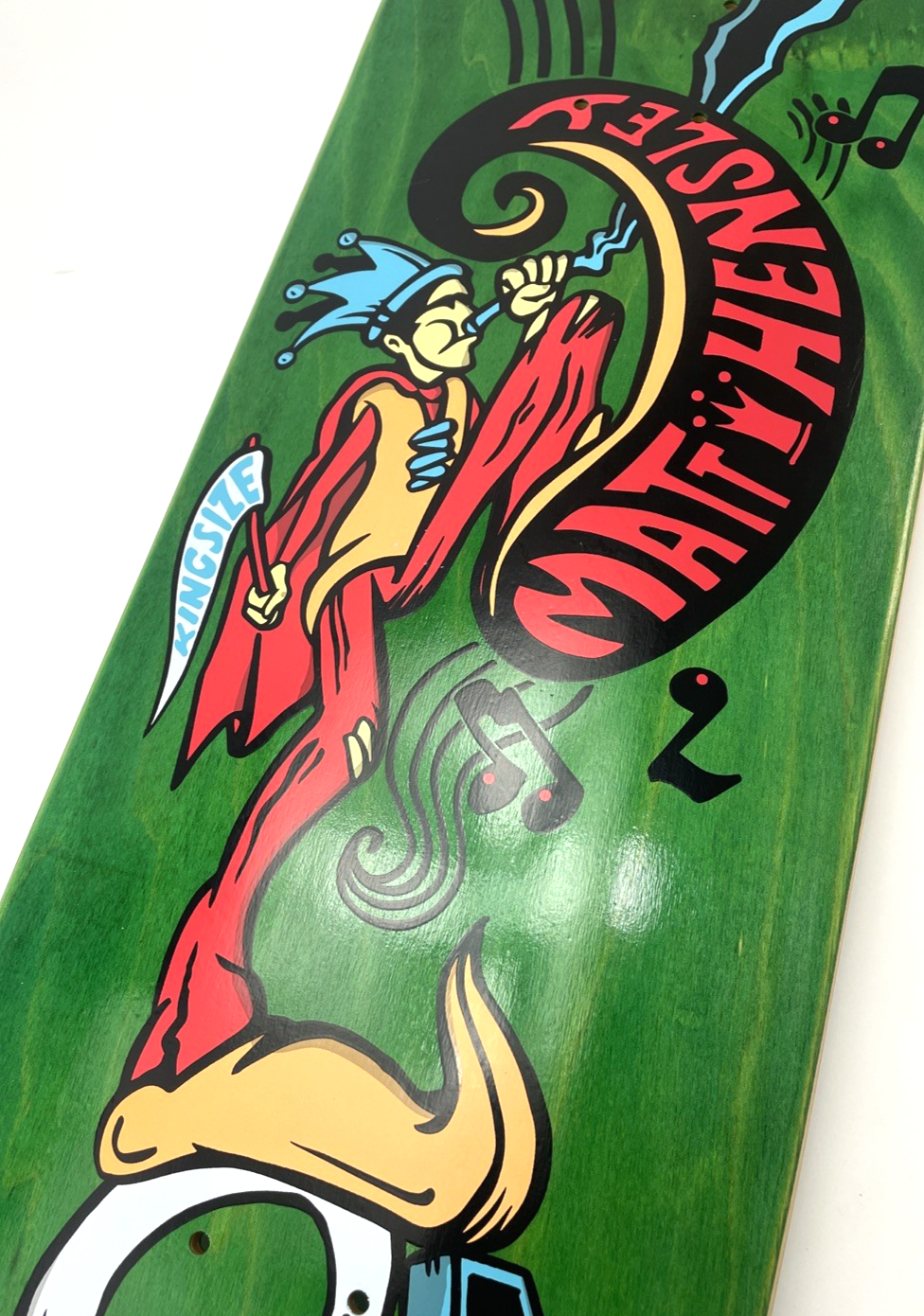 Matt Hensley H-STREET Musical Jester Skateboard Deck Green Stain Signed 32" x 9"