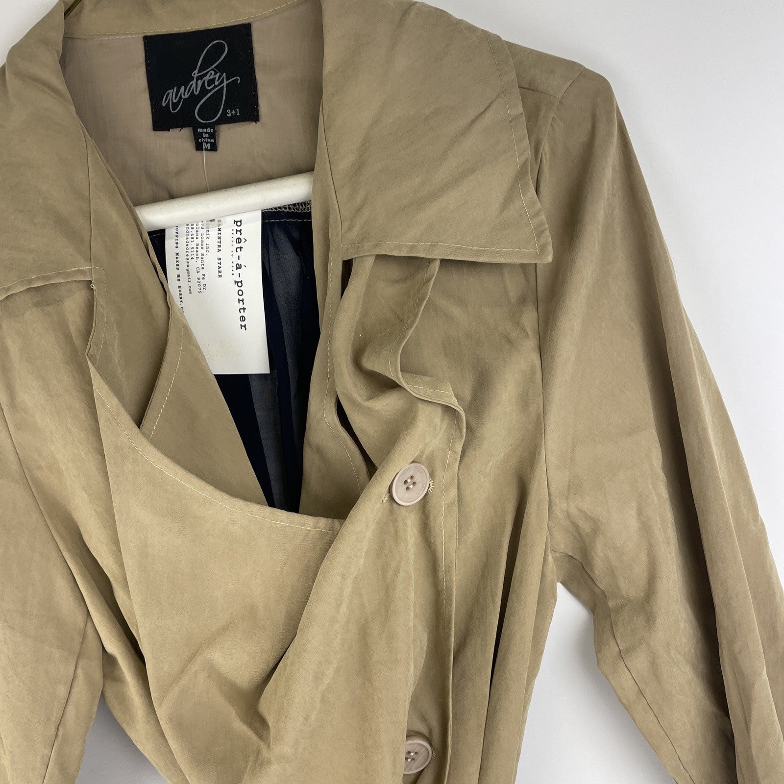 Audrey Belted Cropped Tan Trench Coat w Wide Lapels Sheer Nany Mesh Back Sz M