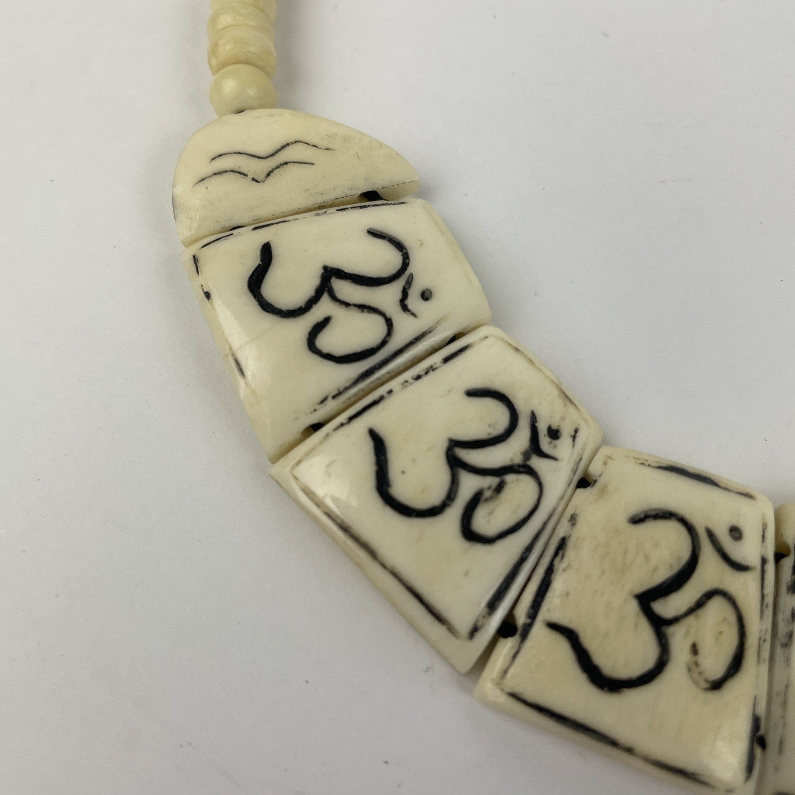 Tibetan Yak Bone Hand Carved Boho Om Necklace Vintage Jewelry Brass Screw Clasp