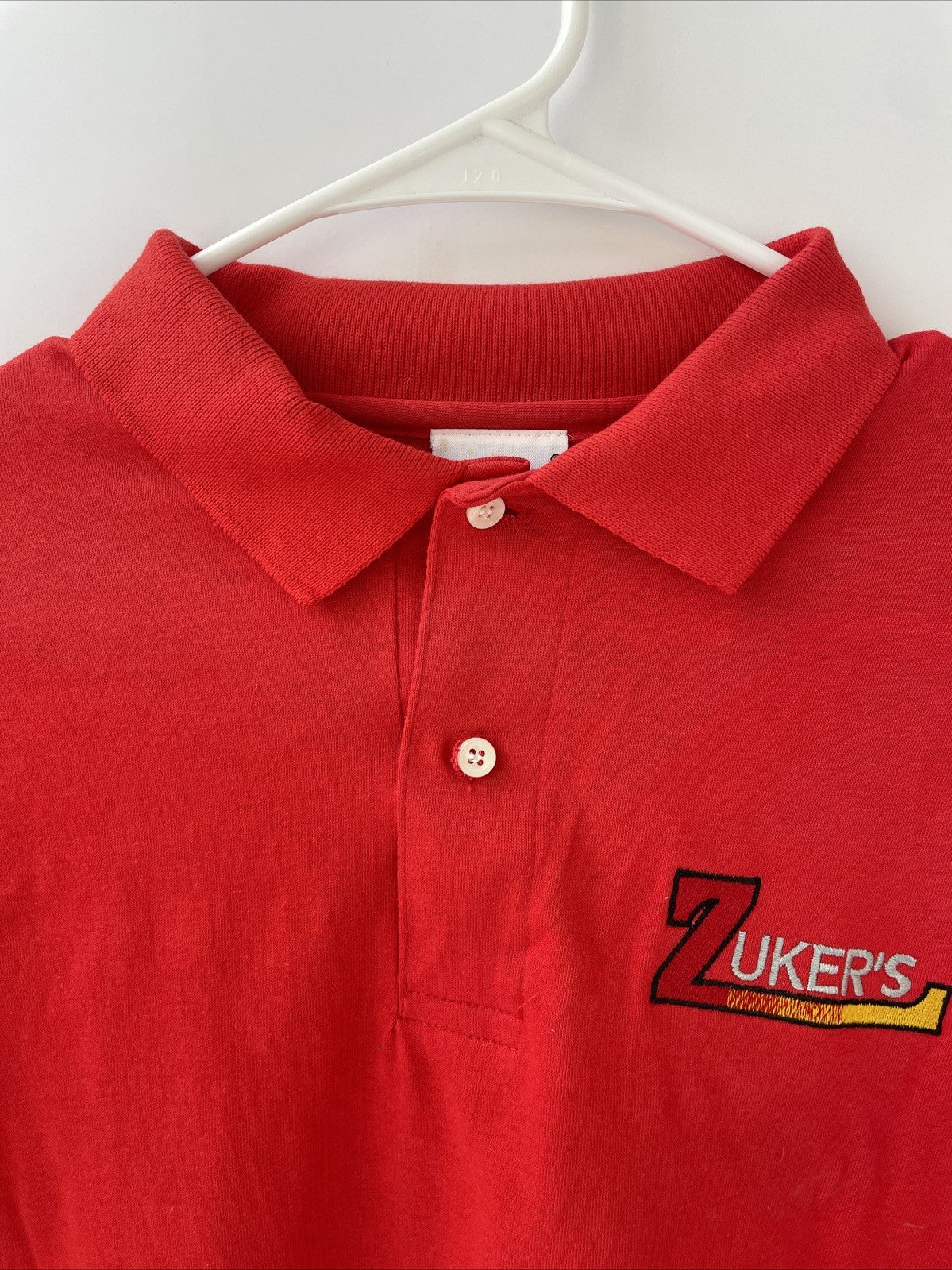Vintage 1990's Zukers Custom Trolling Lures Collard Embroidered Golf Shirt Red L