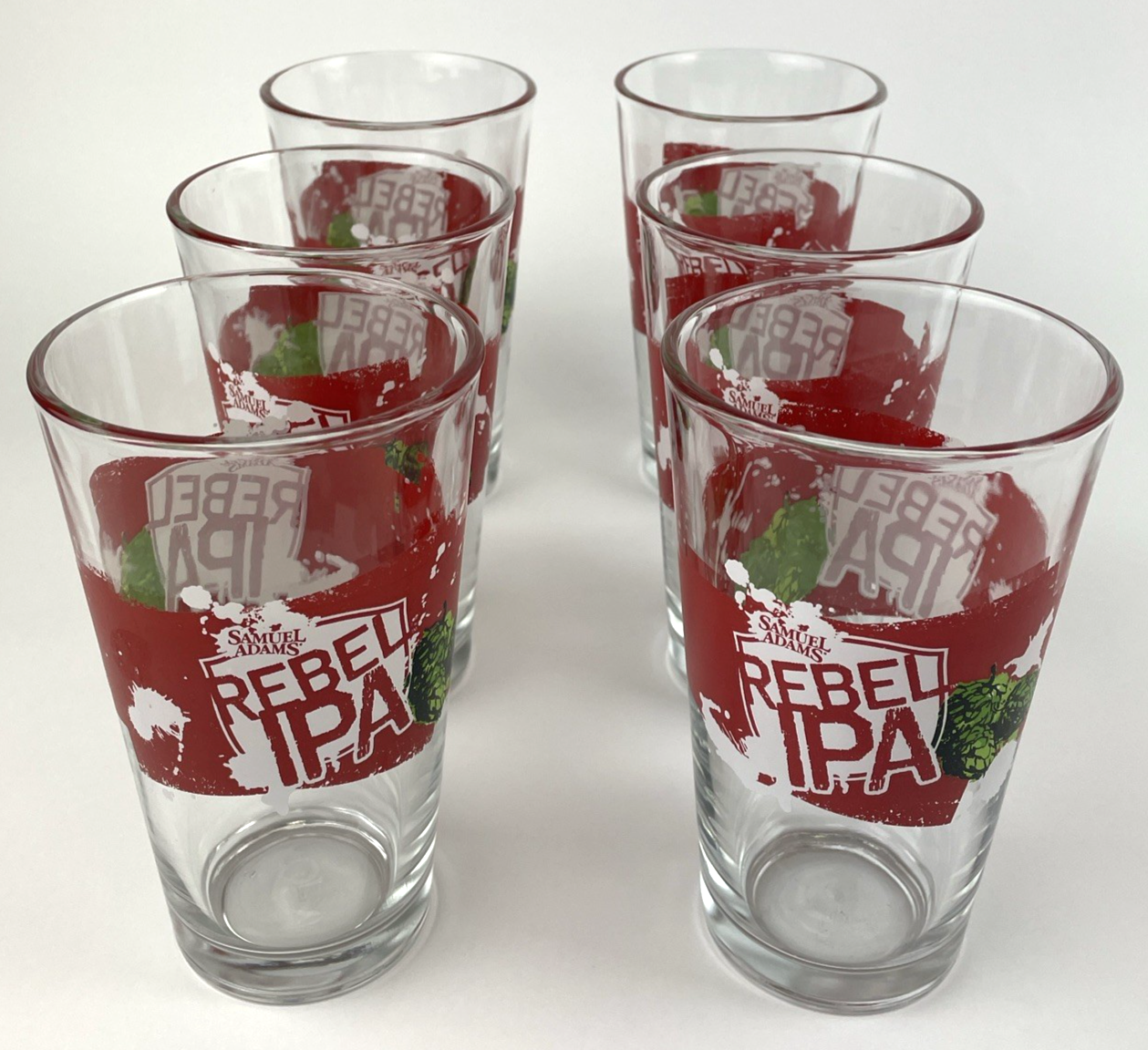 Lot of 6 x Samuel Adam’s Rebel IPA 16 Ounce (pint) Beer Glasses NOS Barware