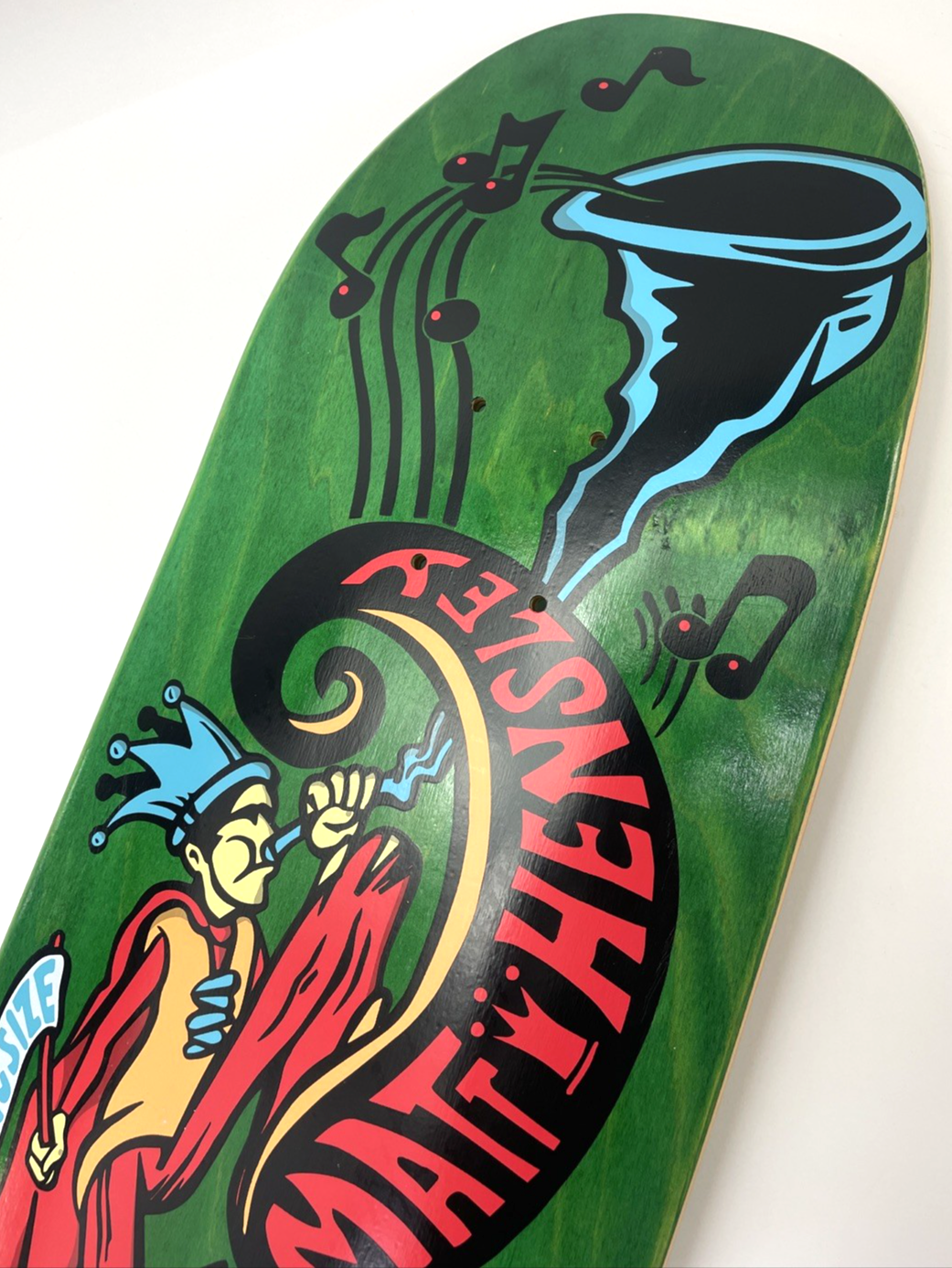 Matt Hensley H-STREET Musical Jester Skateboard Deck Green Stain Signed 32" x 9"