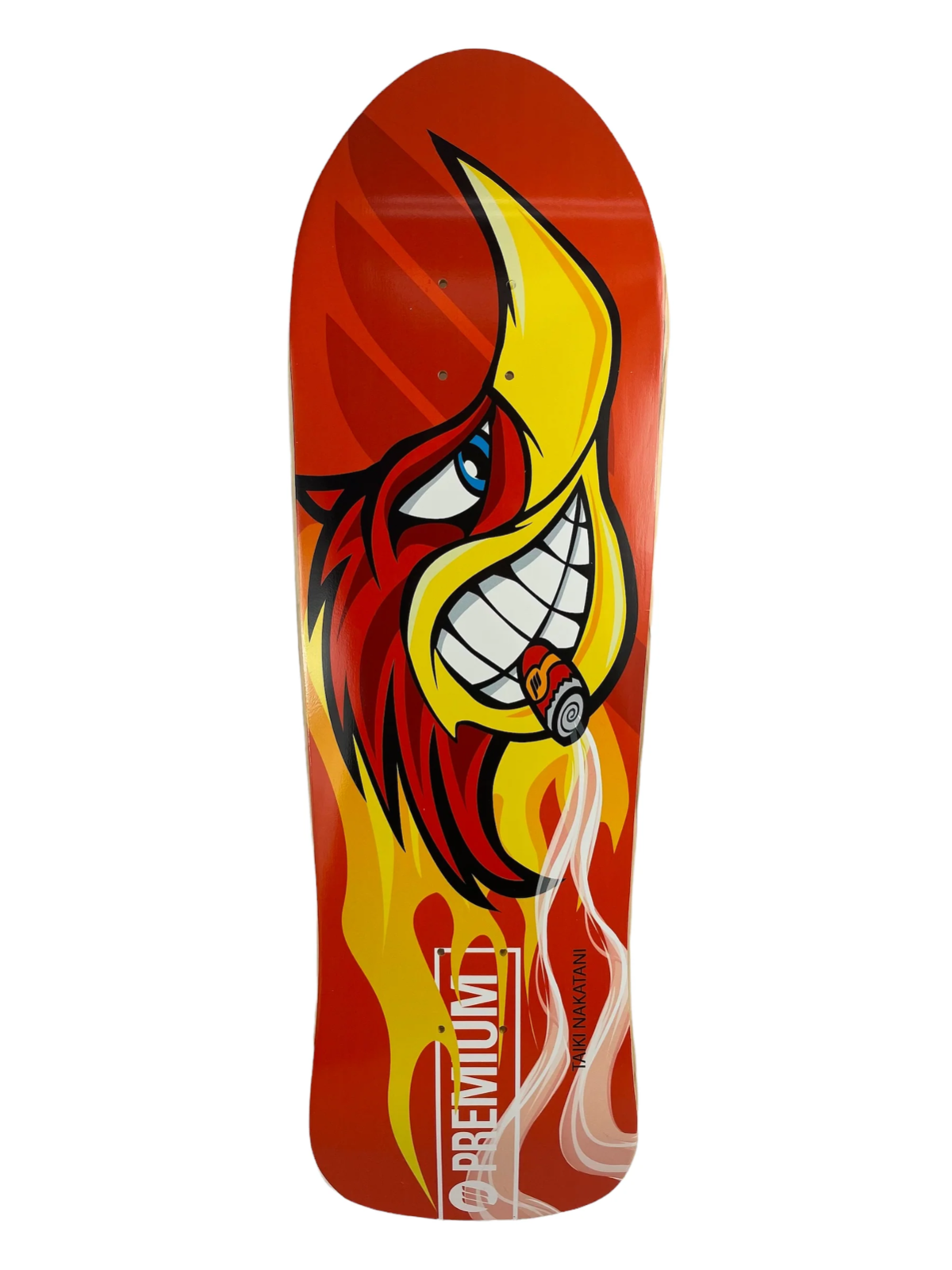 Taiki Premium Woody Woodpecker Racing 9.125-inch channel pool skateboard deck with colorful graphic and wide old-school shape.