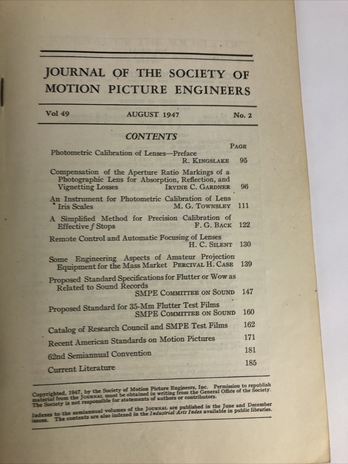 SMPE Journal Of The Society Of Motion Picture Engineers August 1947 VOL 49 No 2