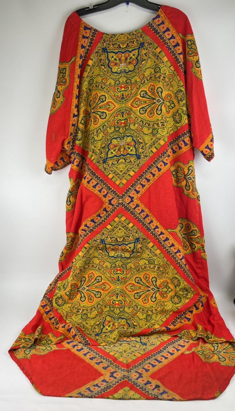 Caftan Kaftan Dress Orange Paisley Medallion Boho India OSFM - LOOK