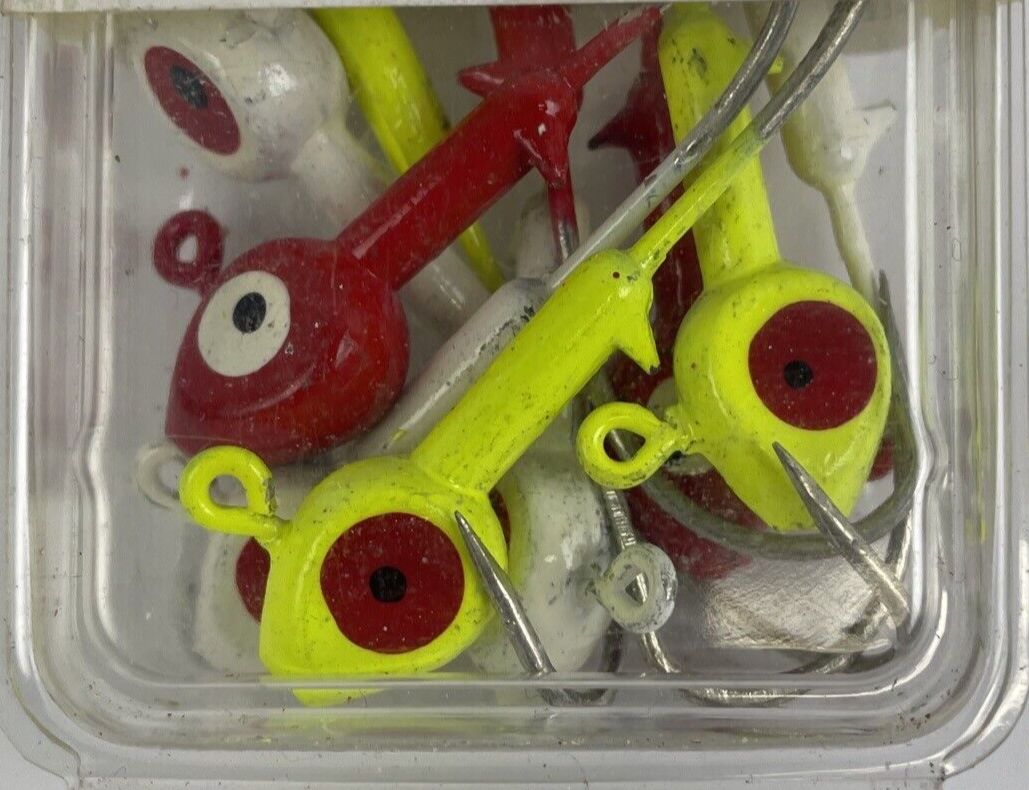 10 x Eagle Claw 3/8oz 10.6g Green, Red, & White Fish Head Jigs Lazer Sharp LOOK