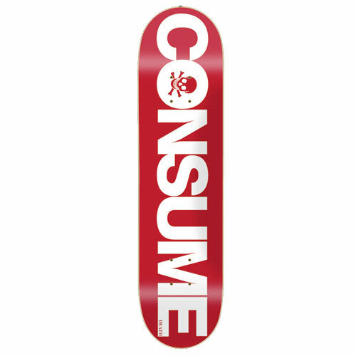 Death Skateboards Consume 8.5-inch skateboard deck with grip tape and bold Consume graphic.