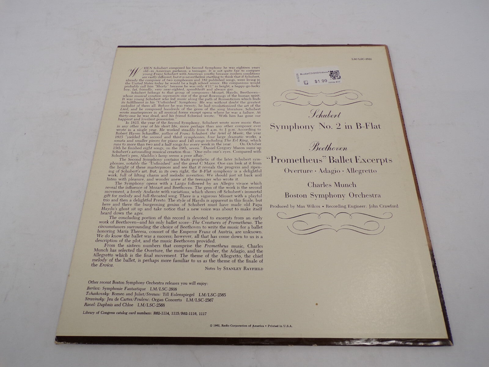Schubert Symphony No.2 Beethoven Prometheus Ballet Excerpts Vinyl Records
