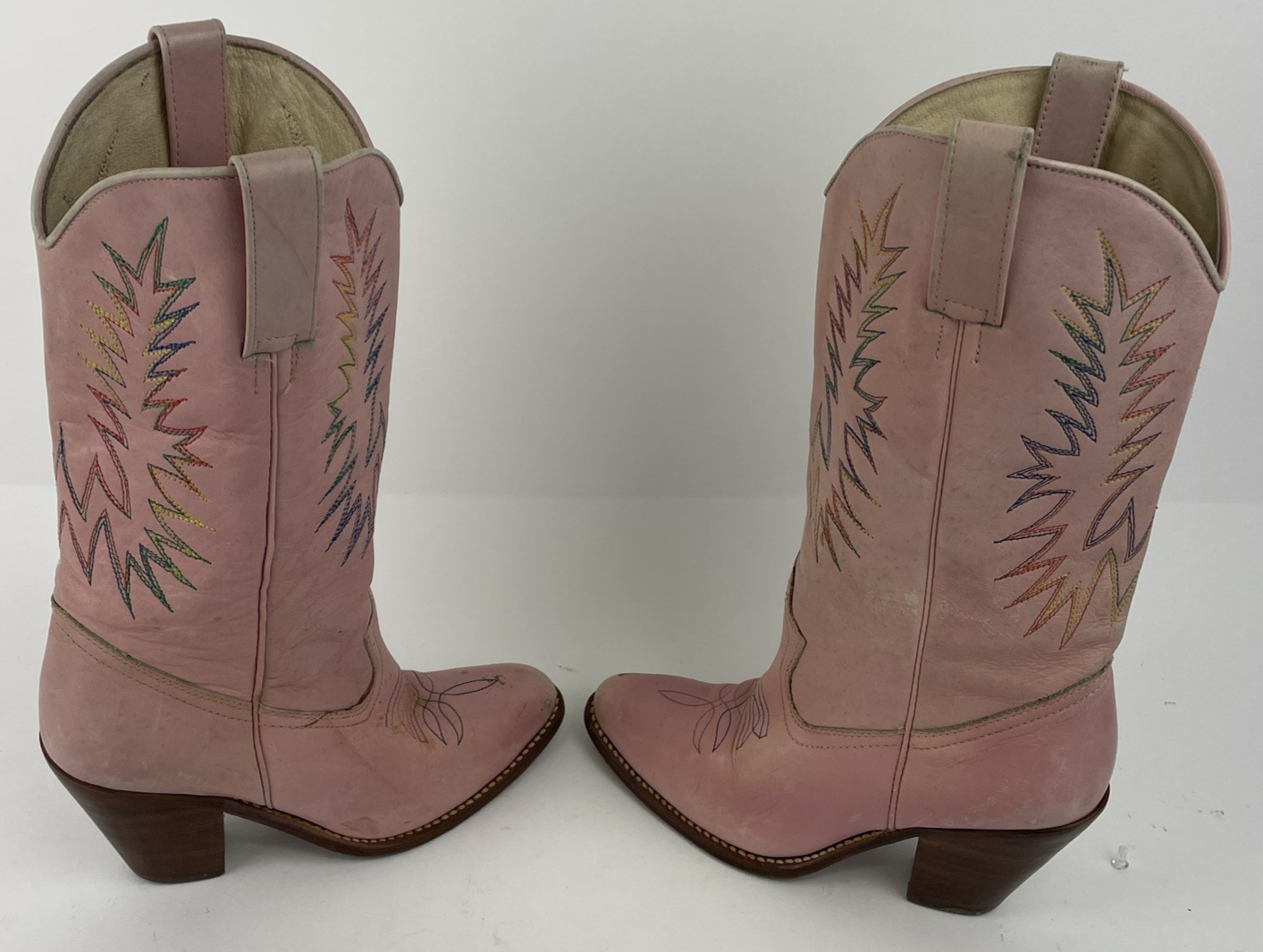 Samello for Circle Kane Cowboy Boots Pink w Rainbow embroidery Sz 7M Brazil Made