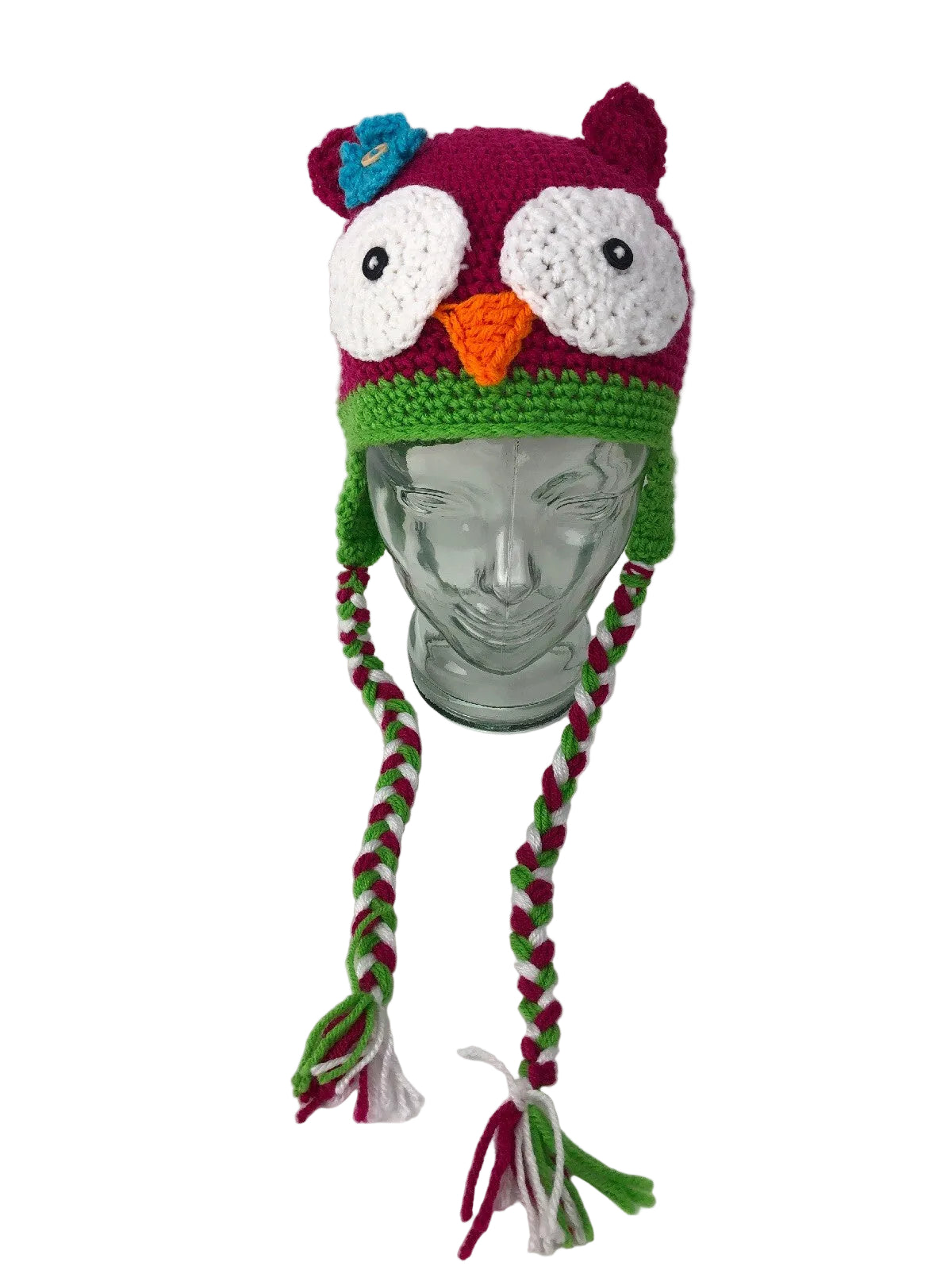 New Hand Knit Pink Green OWL FACE & Ears Winter HAT Cap Child Kids W Tie Straps