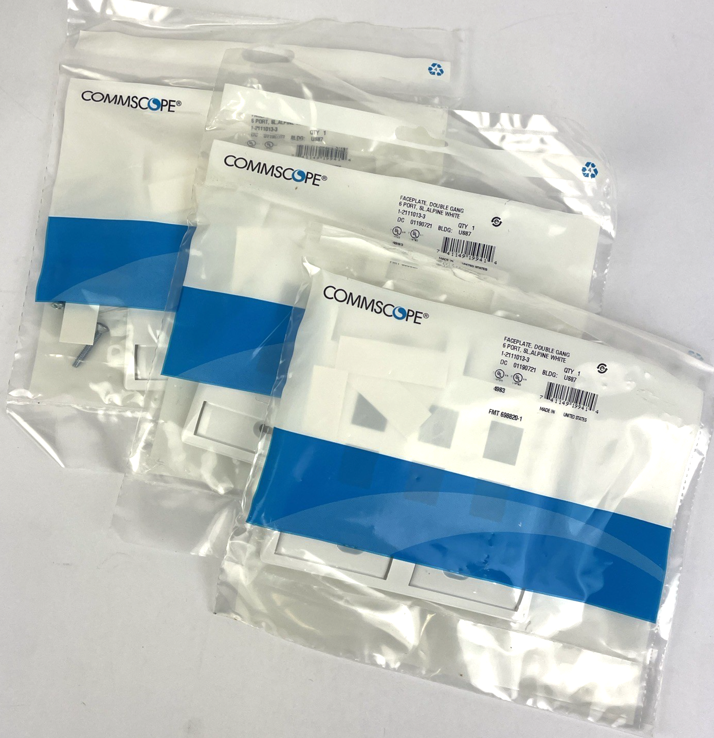 LOT of 3 COMMSCOPE 1-2111013-3 Faceplate Double Gang / 6 Port / Alpine White
