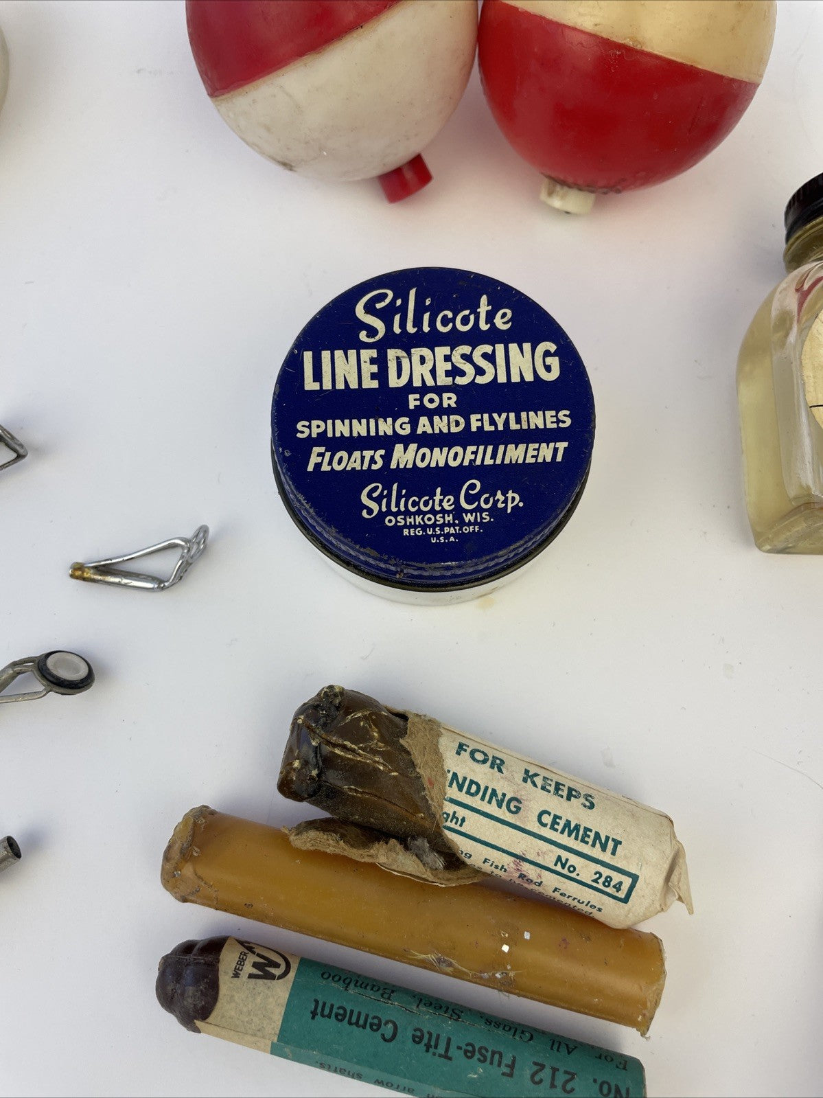 VINTAGE Fishing Lot SEARS Dry Fly Oil Silicote Line Dressing, Guide Glue, Guides