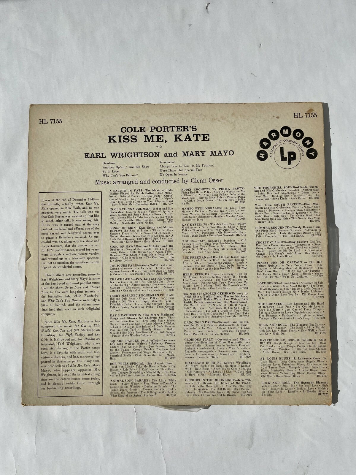 Cole Porters Kiss Me Kate Earl Wrightson & MaryMayo Glenn Osser Vinyl Record Q10