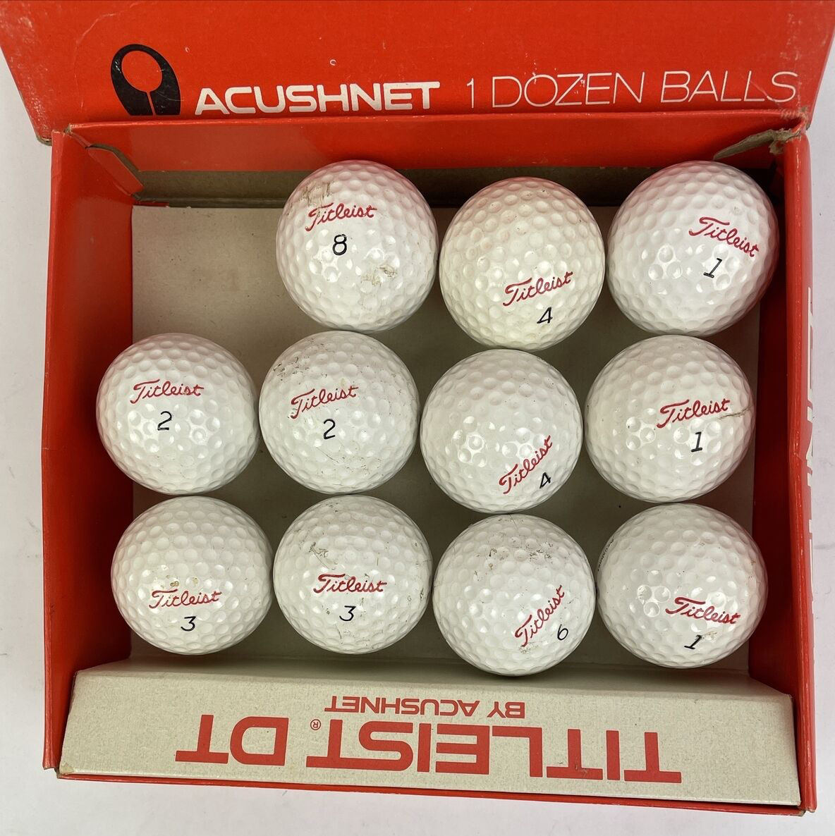 11 RARE Vintage Titleist Acushnet Golf Balls, By Acushnet DT , 1,2,3,4,6,8 w BOX