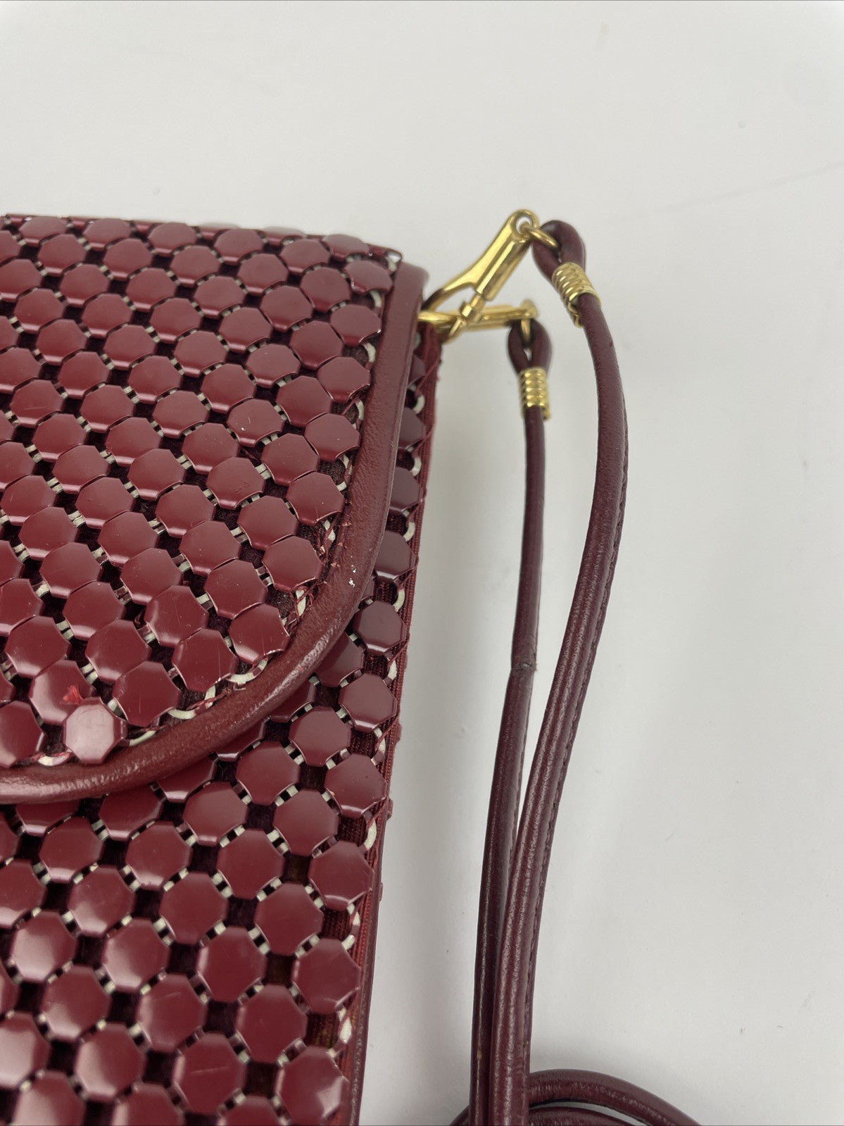 Whiting & Davis Burgundy w Red Mesh Clutch Metal Evening Bag Chainmail Hallmark