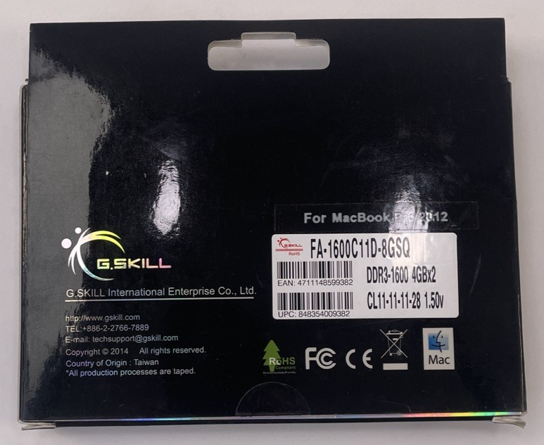 Lot of 2 G.SKILL 8GB Laptop Memory P/N: FA-1600C11D-8GSQ For MacBook Pro 2012