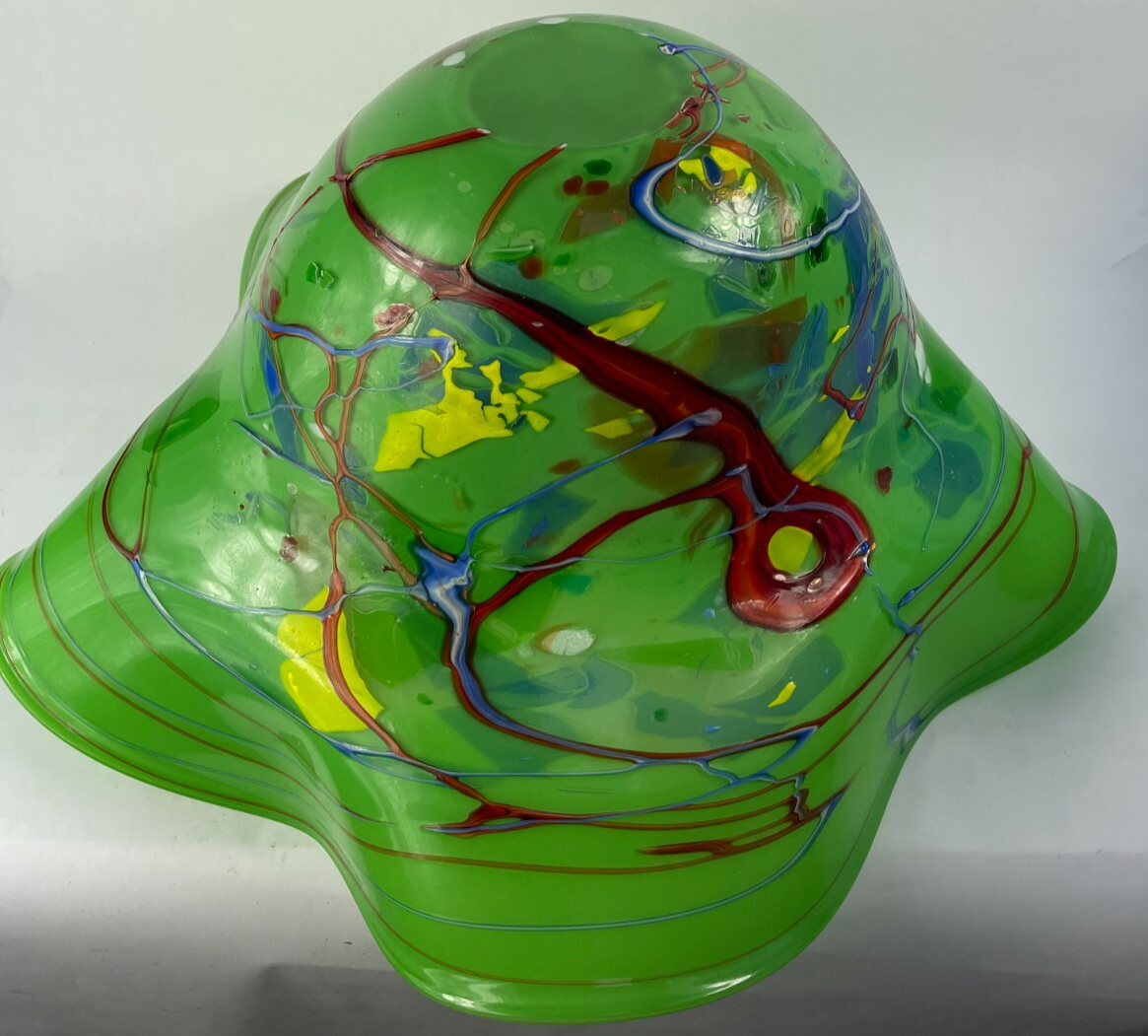 Beautifully Designed Glass Decorative Crafted Bowl Length 23" 12" Tall Green Red