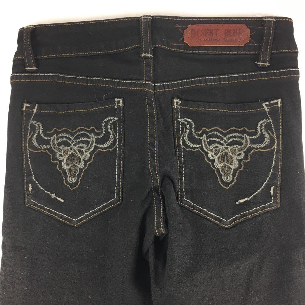 Desert Blue Womens Skinny Jeans Black Embroidery Bull Head Zipper Stretch 26 New