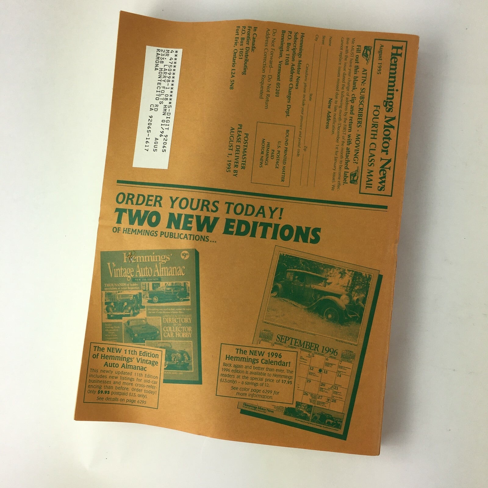 August 1995 Hemmings Motor News 11th Edition Vintage Auto Almanac AntiqueVintage
