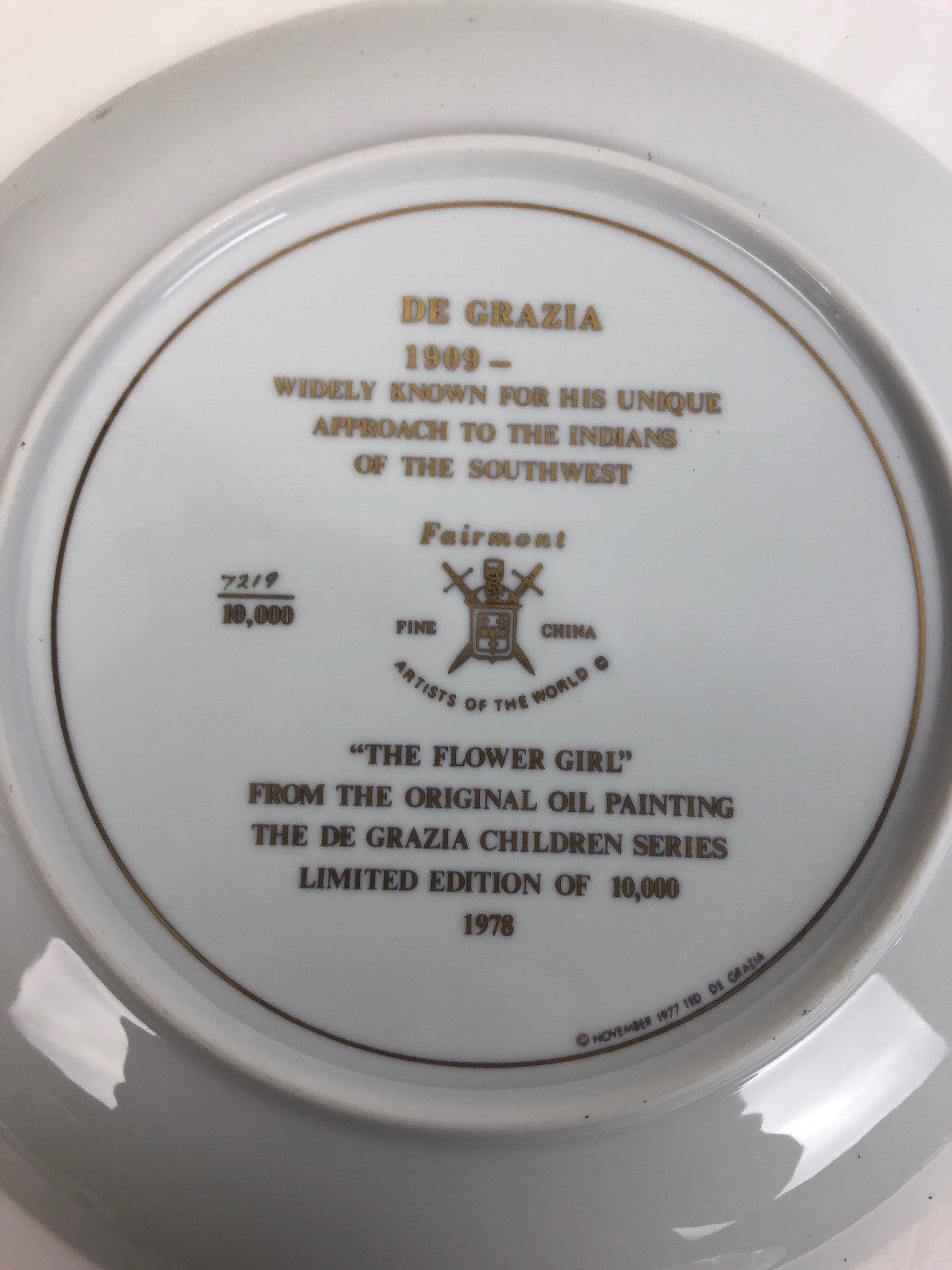DE GRAZIA THE FLOWER GIRL 1978 10 1/2 Limited Edition China Plate #7219 - 10,000