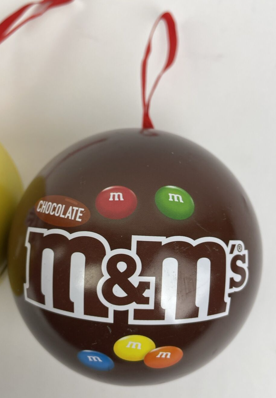 Lot of 2 x M&M Chocolate & Peanut METAL BALL CHRISTMAS ORNAMENT Empty -Rare Find