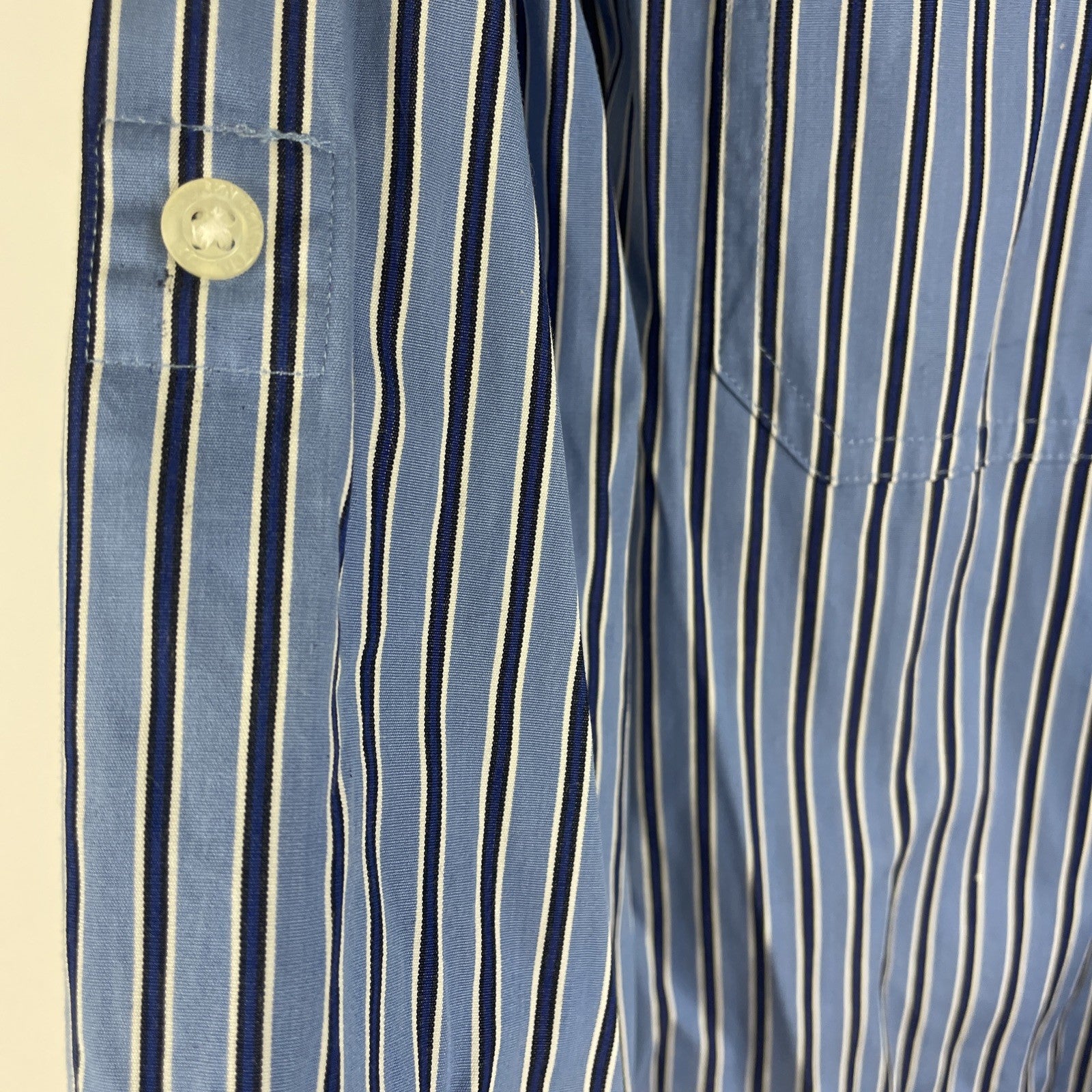 LRL Lauren Jeans Co. Blue w Blue Stripe Button Up Shirt Roll Tab Sleeve Sz Small