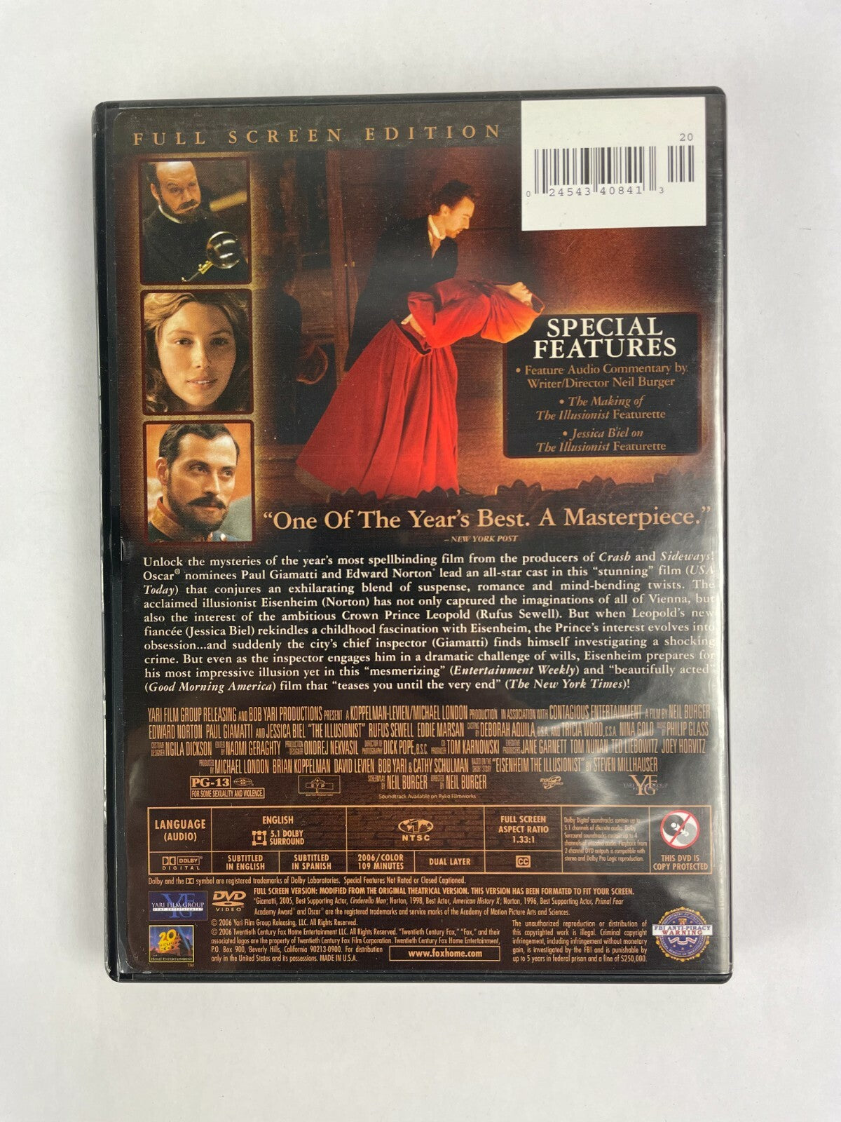 " The Illusionist " Paul Giamatti Edward Norton Jessica Biel DVD Movie - MINT