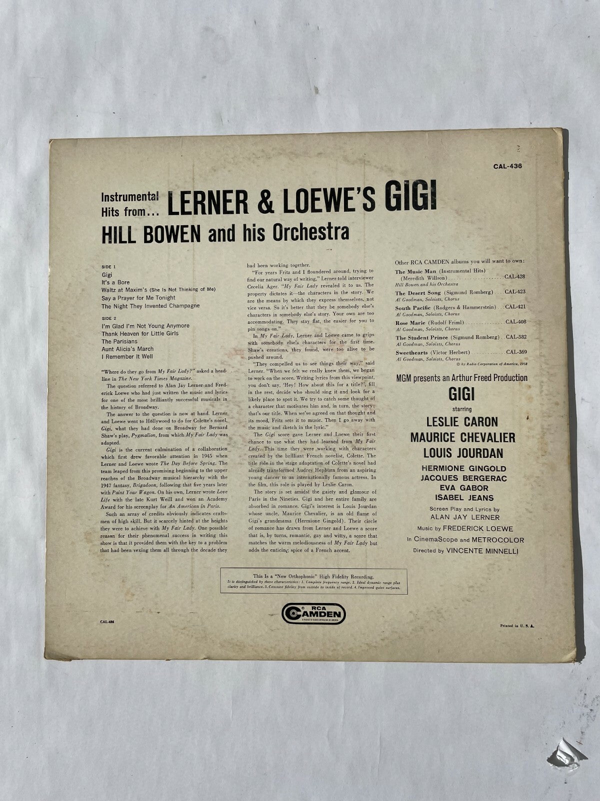 GIGI Hill Bowen and his Orchestra Lener and Loewe's Vinyl Record Q10