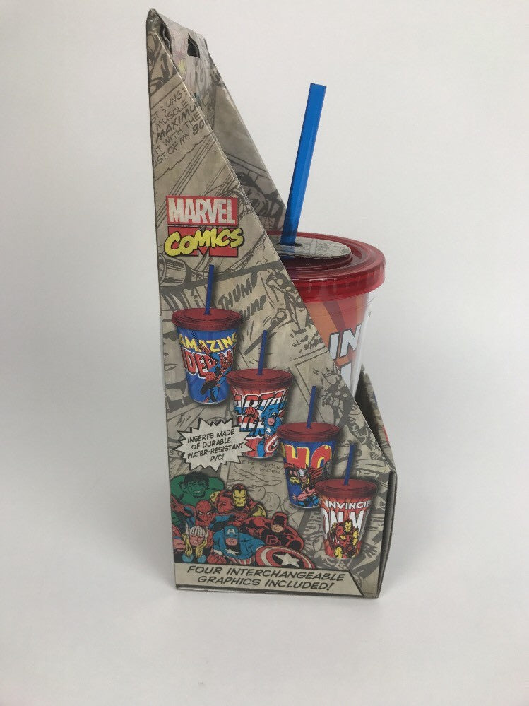 4 Marvel Comics Cups In One! Tall Plastic Drinking Cup W Straw - Rare Item ICUP