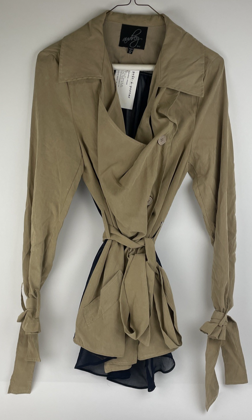 Audrey Belted Cropped Tan Trench Coat w Wide Lapels Sheer Nany Mesh Back Sz M