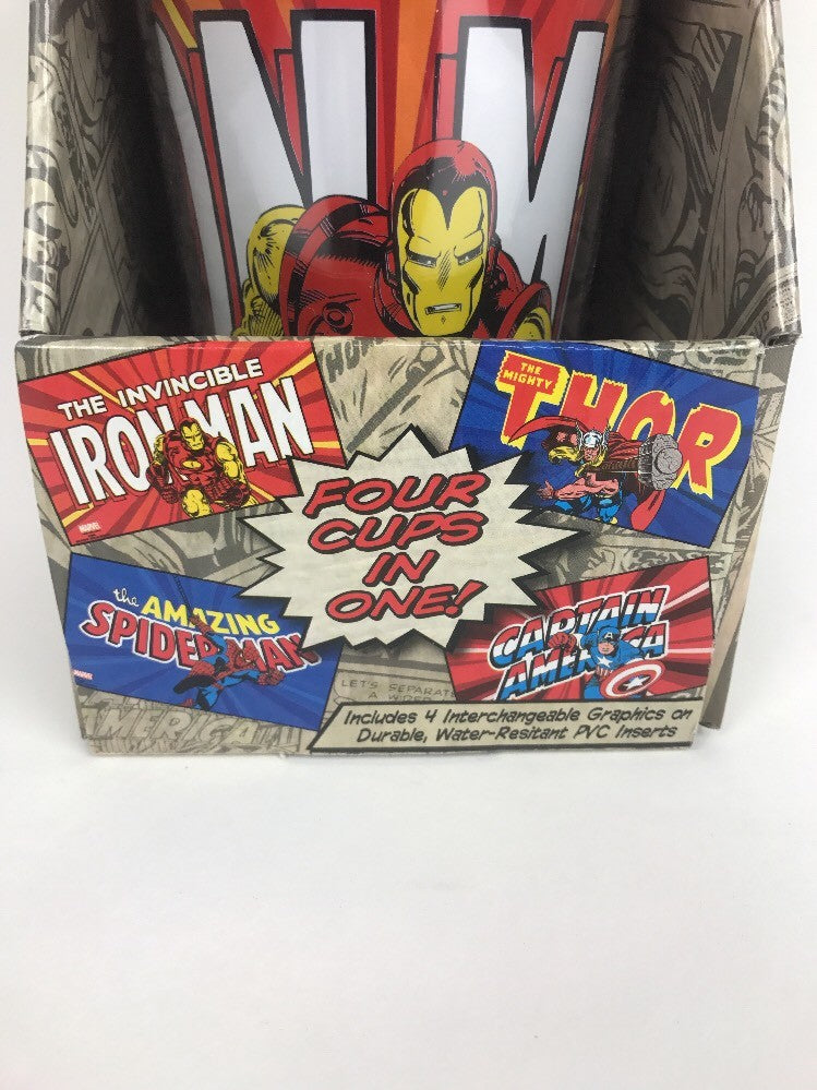 4 Marvel Comics Cups In One! Tall Plastic Drinking Cup W Straw - Rare Item ICUP