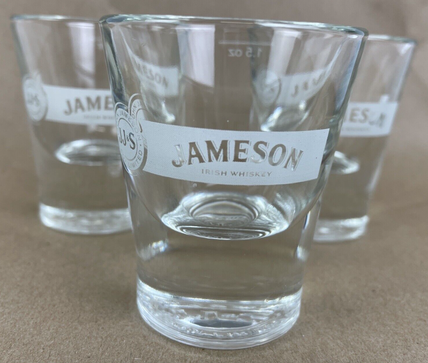3 x Jameson Irish Whiskey JJ&S Etched Logo Heavy Bottom Shot Glasses 1.5 oz Lot