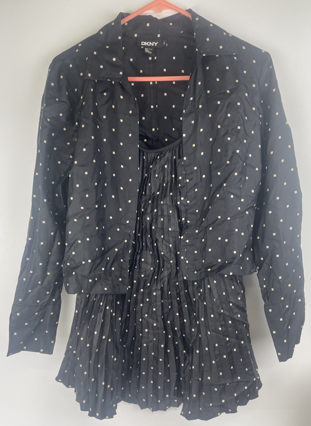 DKNY Petite Women's Silk Square Dot Print Mini Skirt w Matching Top Sz 2 Petite