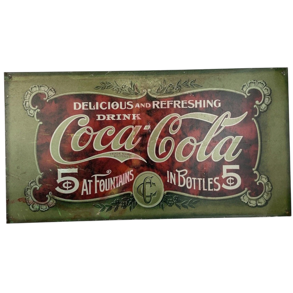1999 Coca-Cola Metal Sign 16" x 8.75" Delicious Refreshing 5¢ Fountains Bottles