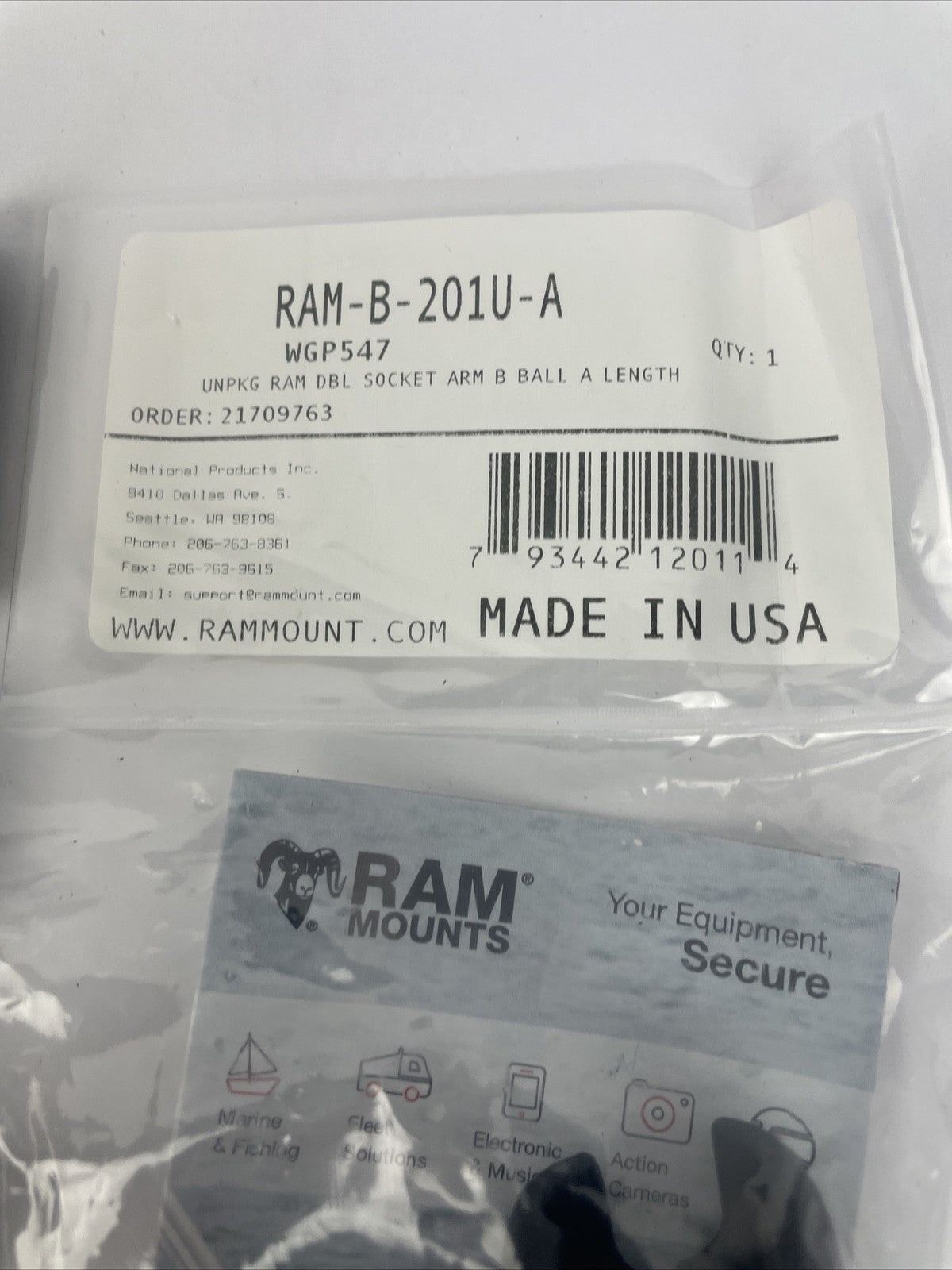 NEW RAM-B-201U Ram Mounts Aluminum Double Socket Arm w 2 x 1" Ball Bases HRDWRE