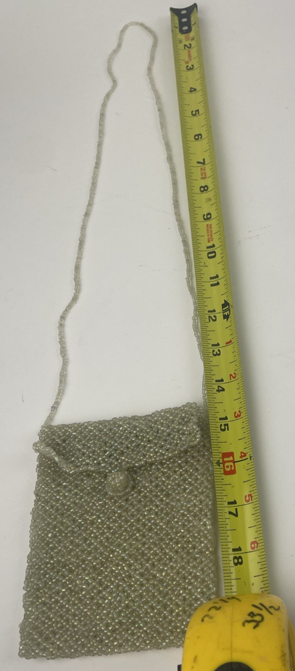 Vintage Small Opalescent Beaded Purse Crossbody Bag Green Pink 5" x 4"