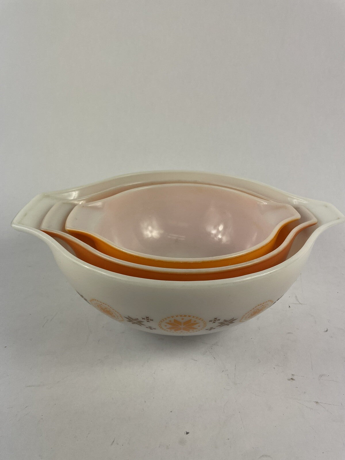 VTG Pyrex Gooseberry Cinderella Nesting Bowl Set 3 Orange White 442-443-444