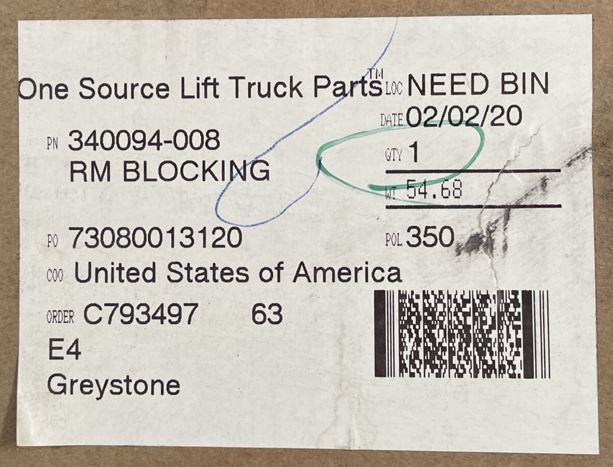 Crown RM Mast Blocking Kit P/N 940094-008 Forklift Part