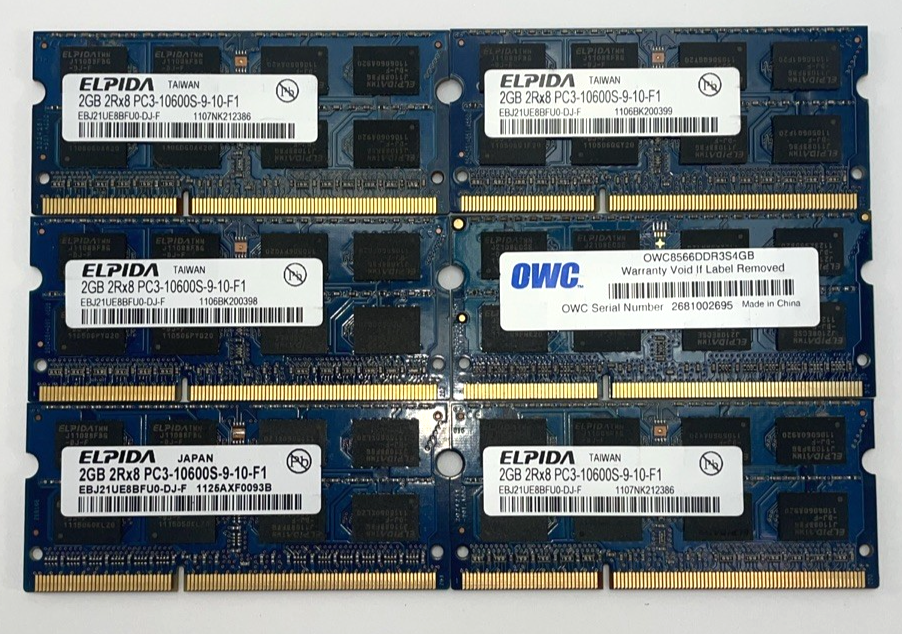 Lot of 6 Elpida 2GB DDR3 Laptop RAM PC3-10600S 1333MHz 2Rx8 SODIMM Memory 12GB
