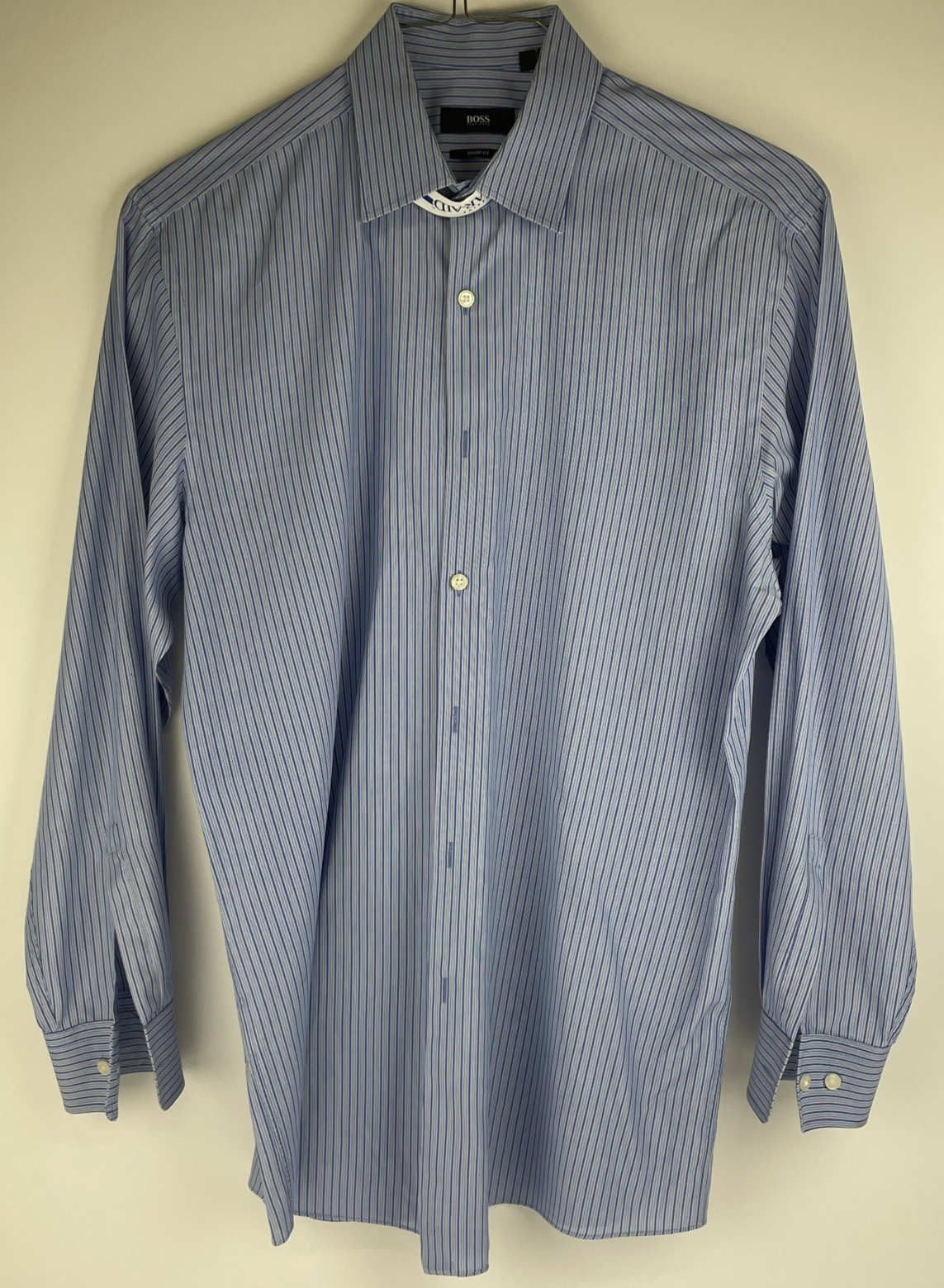 BOSS Hugo Boss Shirt Mens Sz 16 34/35 Blue Stripe Sharp Fit Dress Long Sleeve