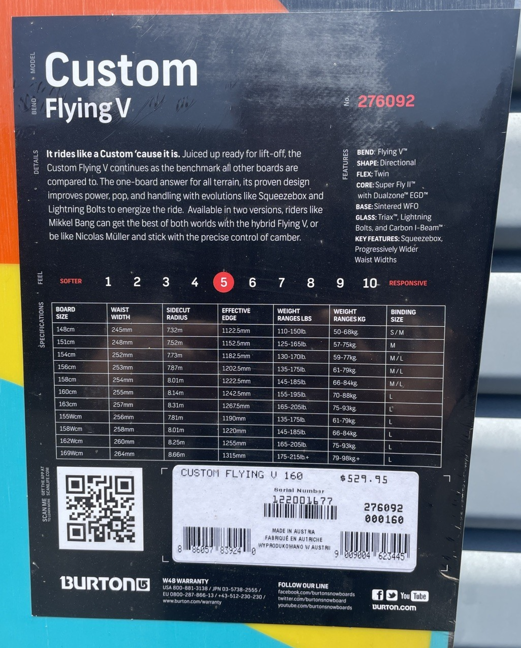 Burton BRTN Snowboards Custom C60 Flying V Low Noise / High Output 62" Brand New