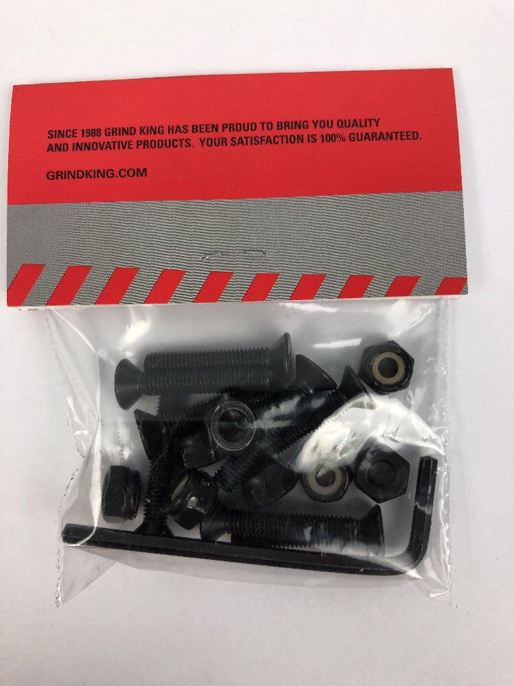 NOS Grind King 1-inch Allen key skateboard hardware set with mounting bolts and lock nuts for skateboard trucks.