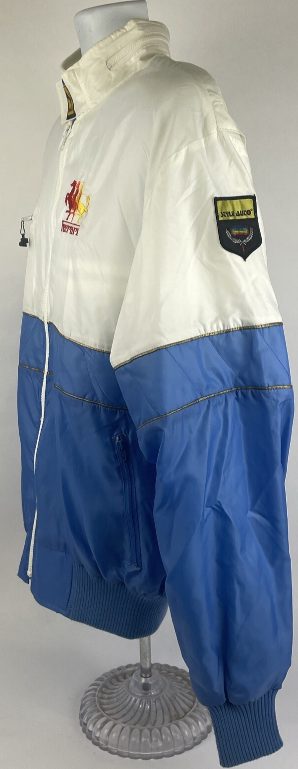 Vintage Style Auto Ferrari Racing Jacket Mens Medium Satin Baby Blue White VGC