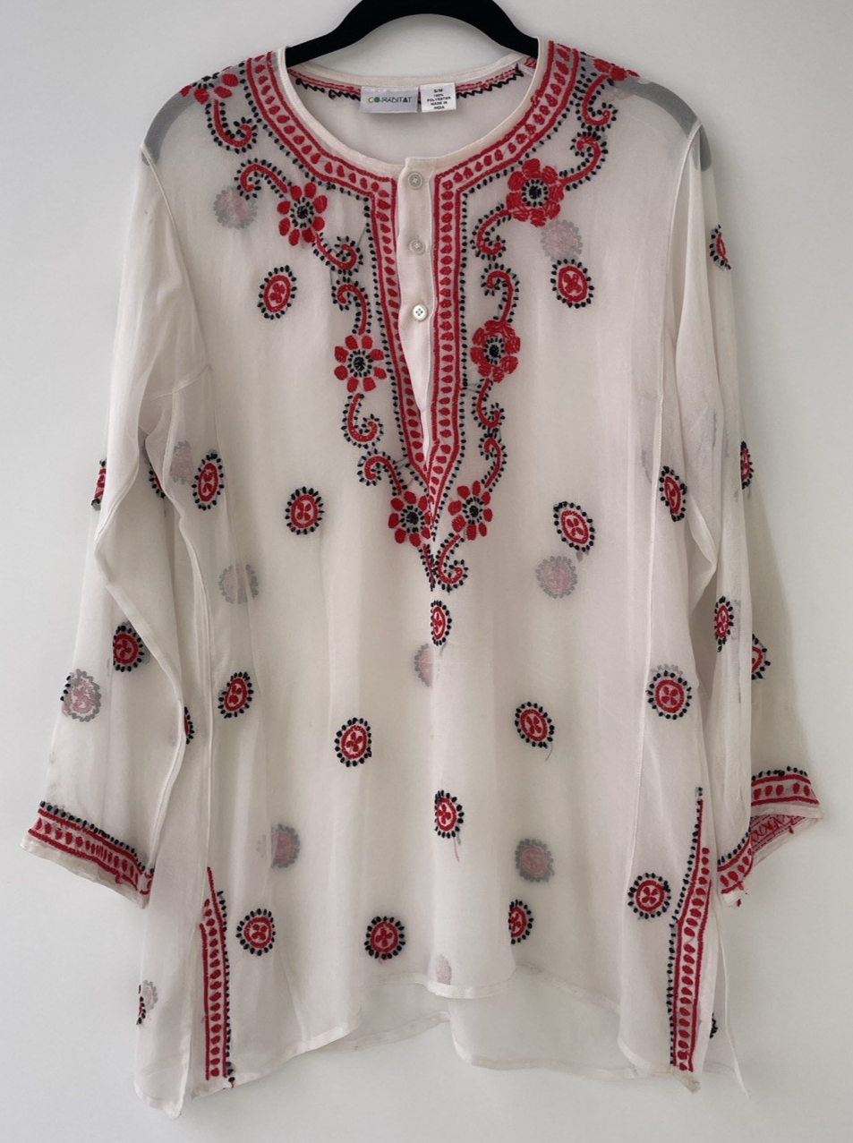 CoHabitat Linen Hand Embroidered Sheer Floral Button Front Tunic Top Size S / M