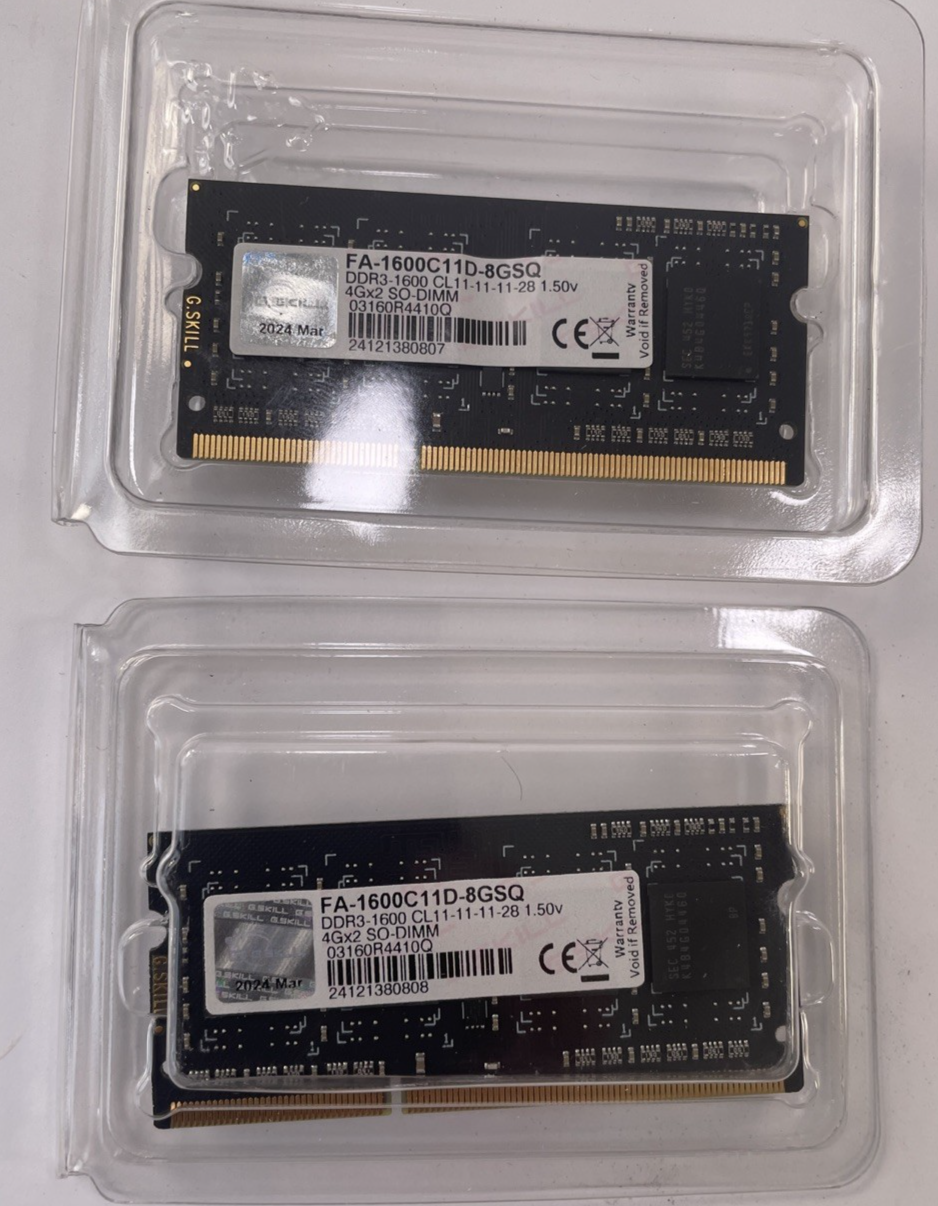 Lot of 2 G.SKILL 8GB Laptop Memory P/N: FA-1600C11D-8GSQ For MacBook Pro 2012